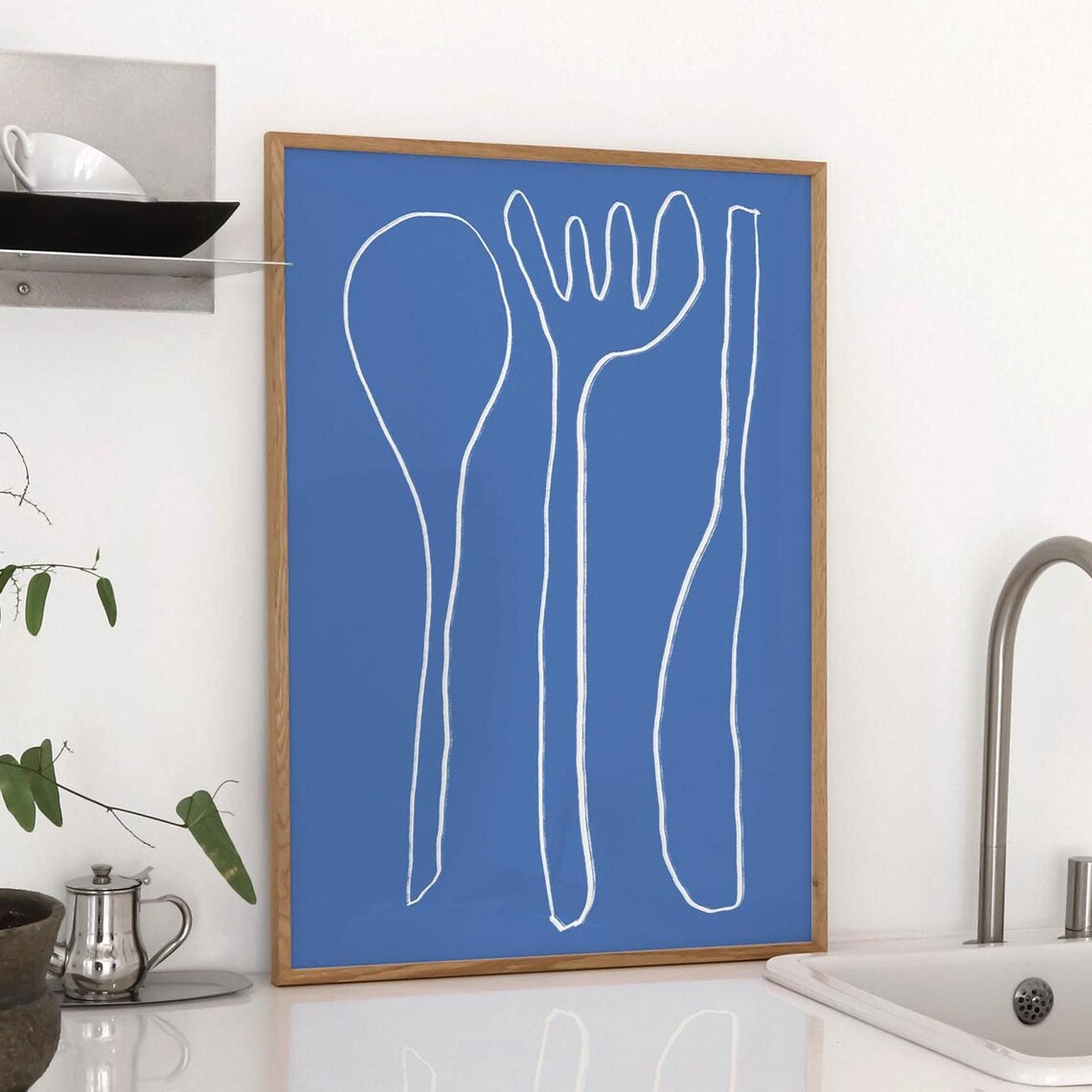 Blue Kitchen Utensils Spoon Fork Knife Line Drawing Minimalist Poster
