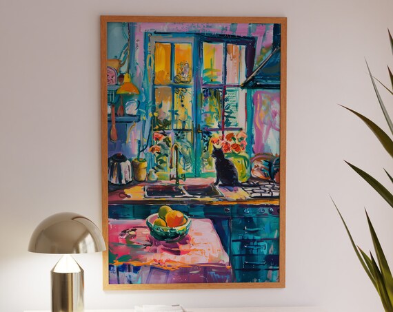 Cute Black Cat in a Colorful Sunny Kitchen by the Window Poster