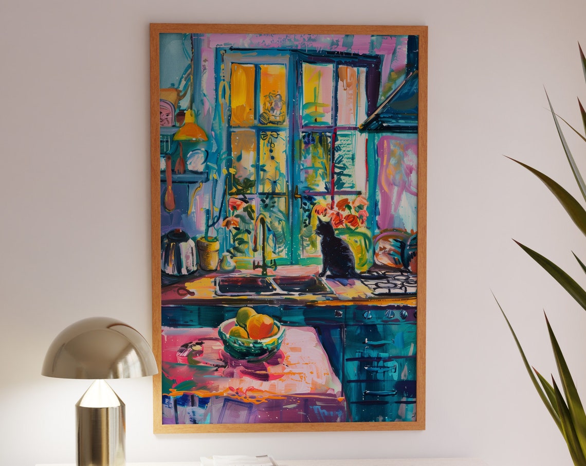 Cute Black Cat in a Colorful Sunny Kitchen by the Window Poster