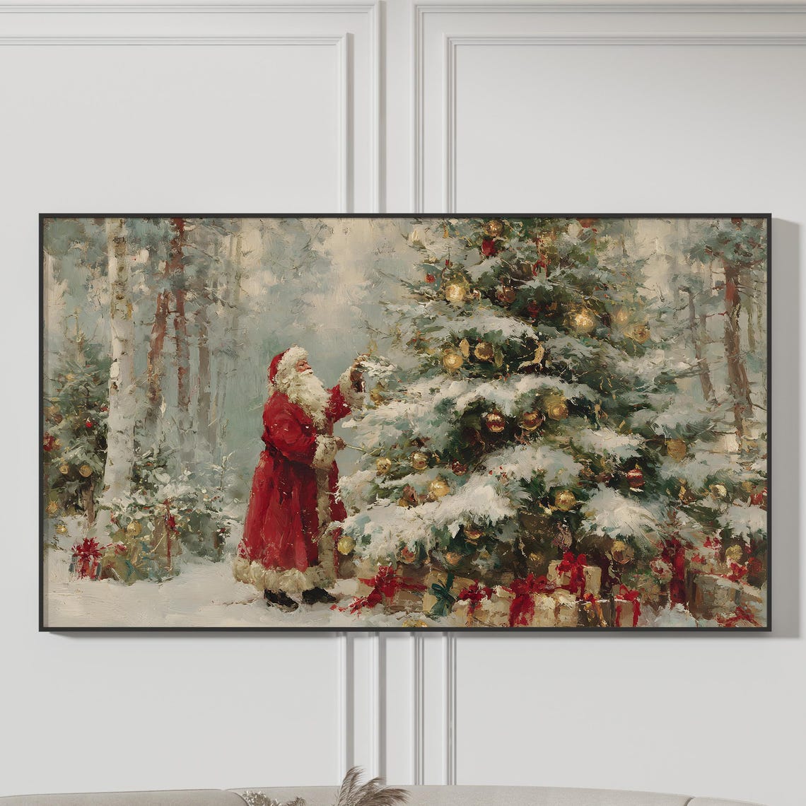 Framed Santa Claus Christmas Tree Art Print Snowy Forest Vintage Holiday Decor