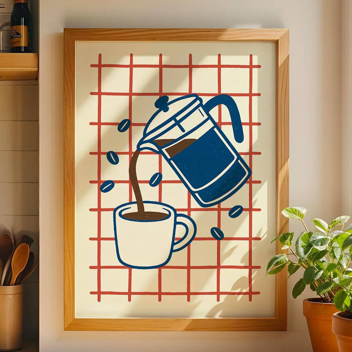 French Press Pouring Coffee Retro Kitchen Grid Illustration Poster