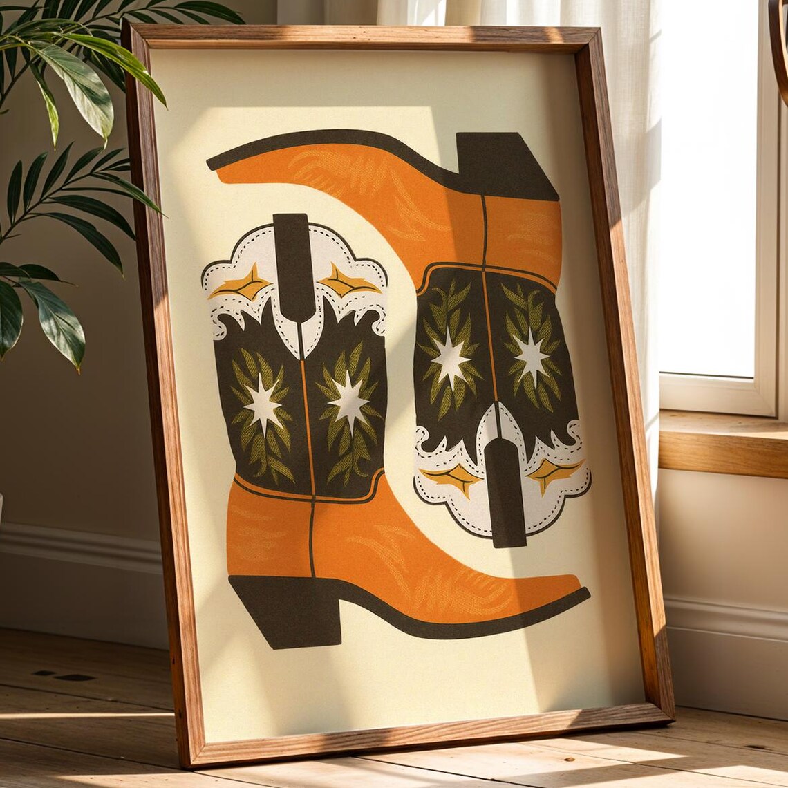Orange Cowboy Boots Leaf Star Motif Western Folk Art Decor Poster