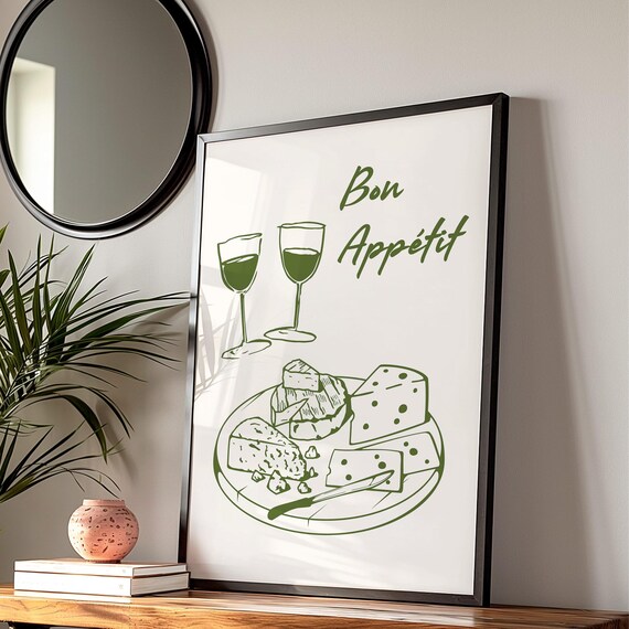 Bon Appetit Green Line Art Wine and Cheese French Kitchen Poster