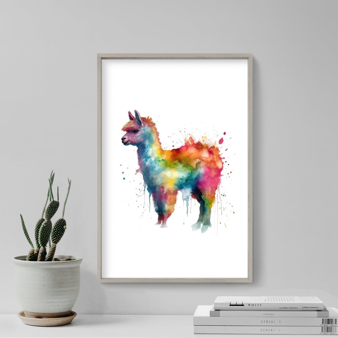 Rainbow Watercolor Alpaca Portrait Splash Paint Wildlife Art Print