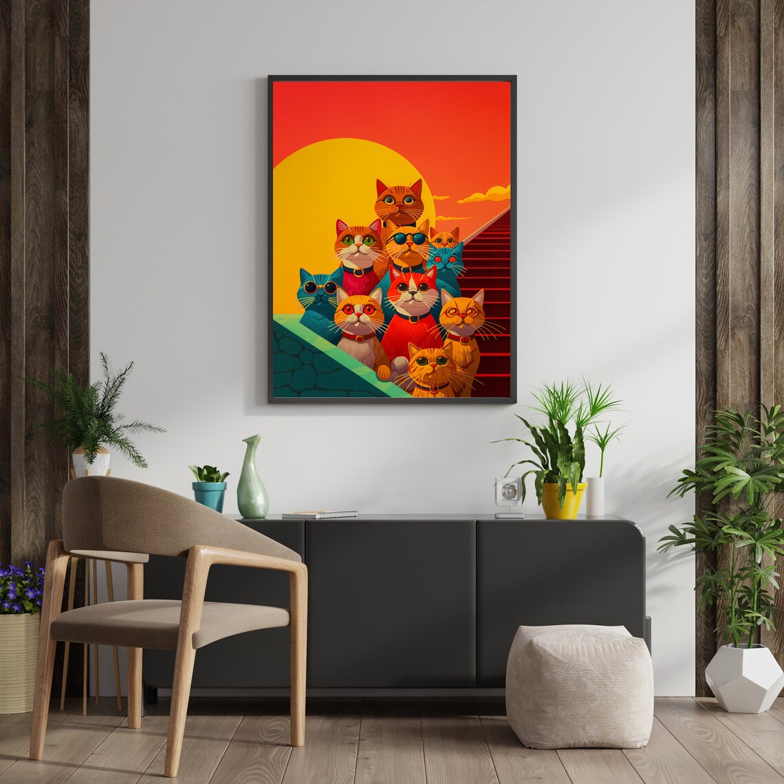 Fun Group of Colorful Cats on Stairs Before a Giant Sunset Poster - Image 3