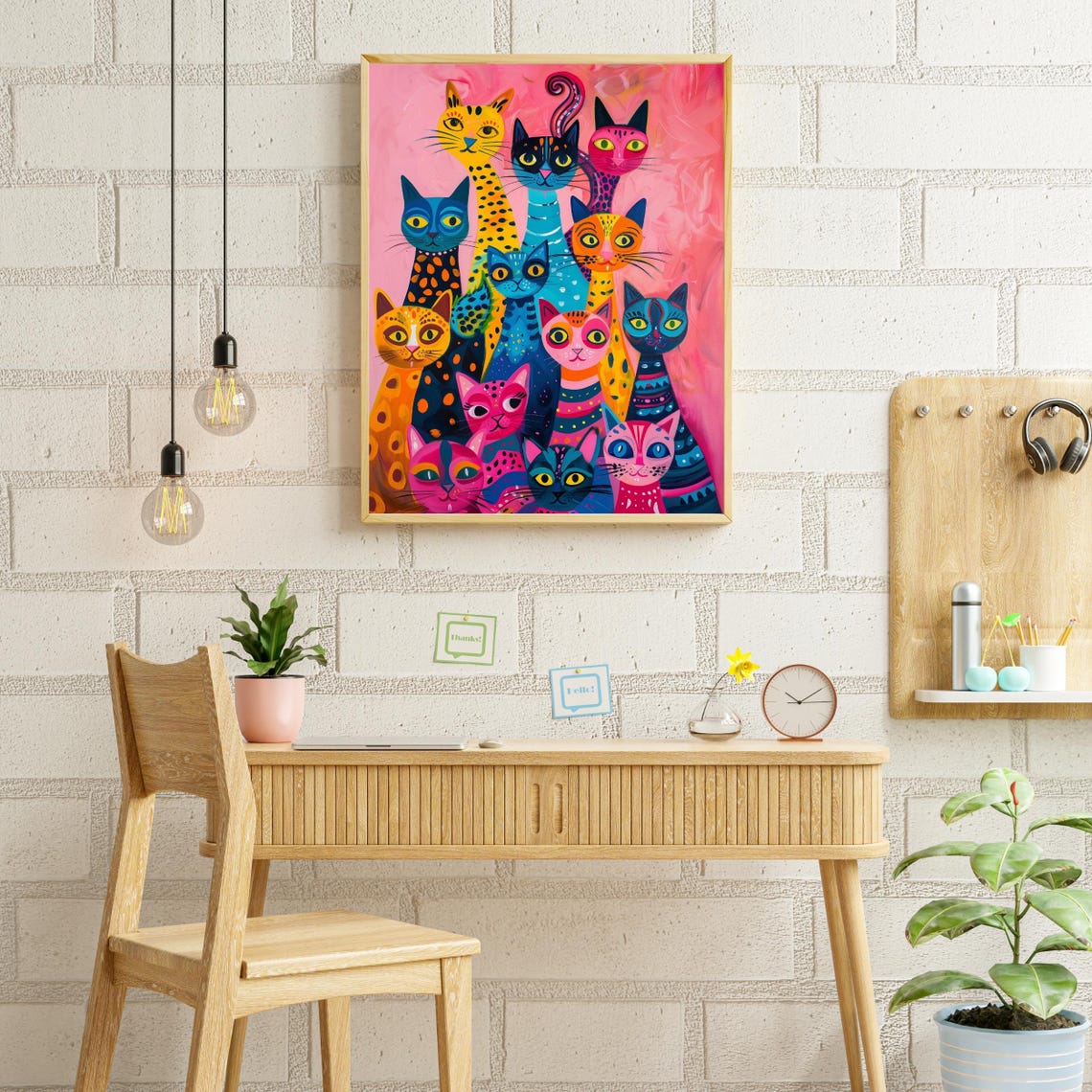 Colorful Whimsical Cat Family Group Folk Art Bright Pink Poster - Image 3