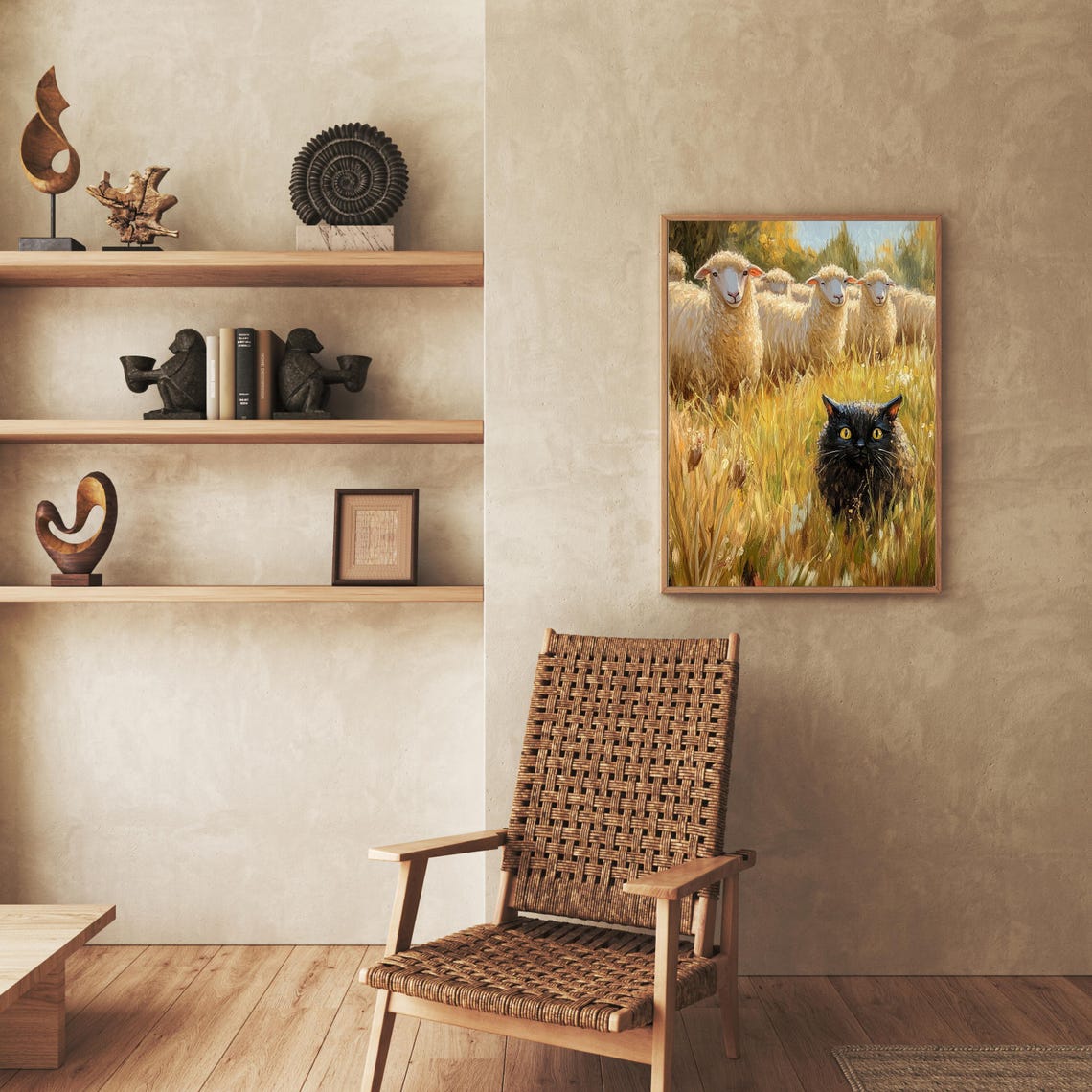 Black Cat Among Sheep Funny Poster Wheat Field Farm Scene Humor Art - Image 2