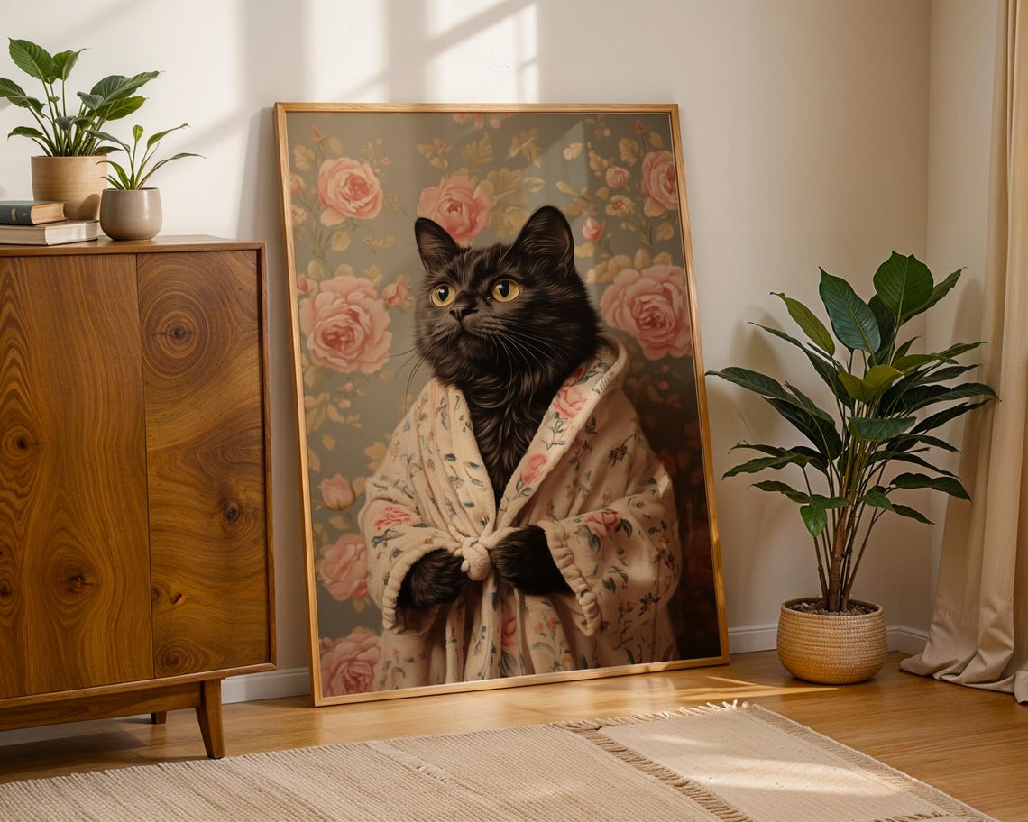 Black Cat In A Floral Bathrobe Vintage Rose Wallpaper Cute Pet Poster - Image 2