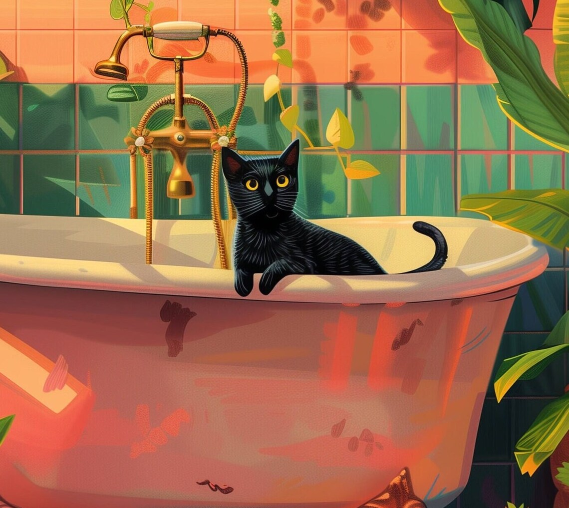 Bath Cat Print Funny Orange Painting Poster - Image 3