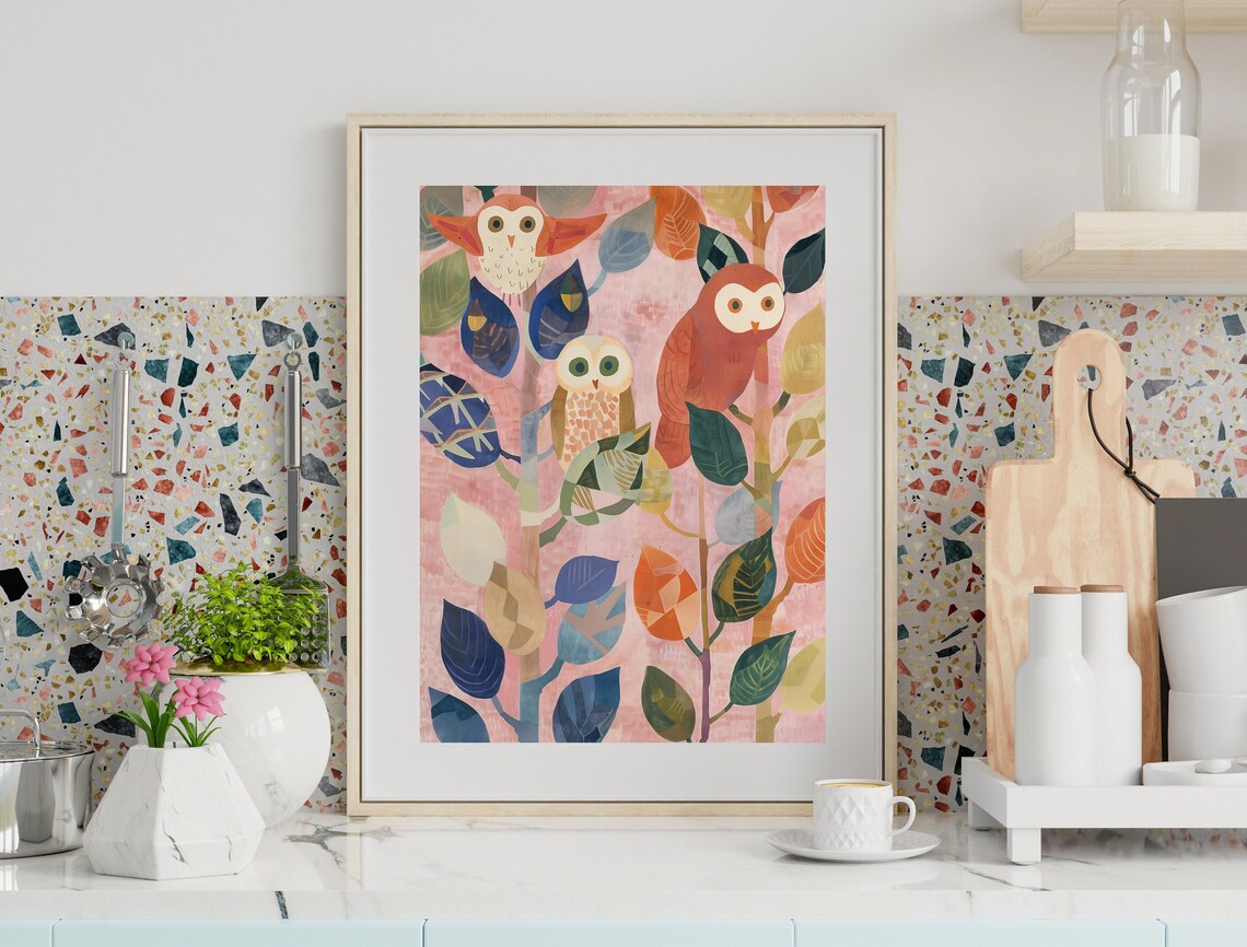 Colorful Owls Art Oil Painting Wildlife Art Owl Love Art Abstract Owl Owls Poster Gift For Owl Lovers Whimsical Art - Image 2