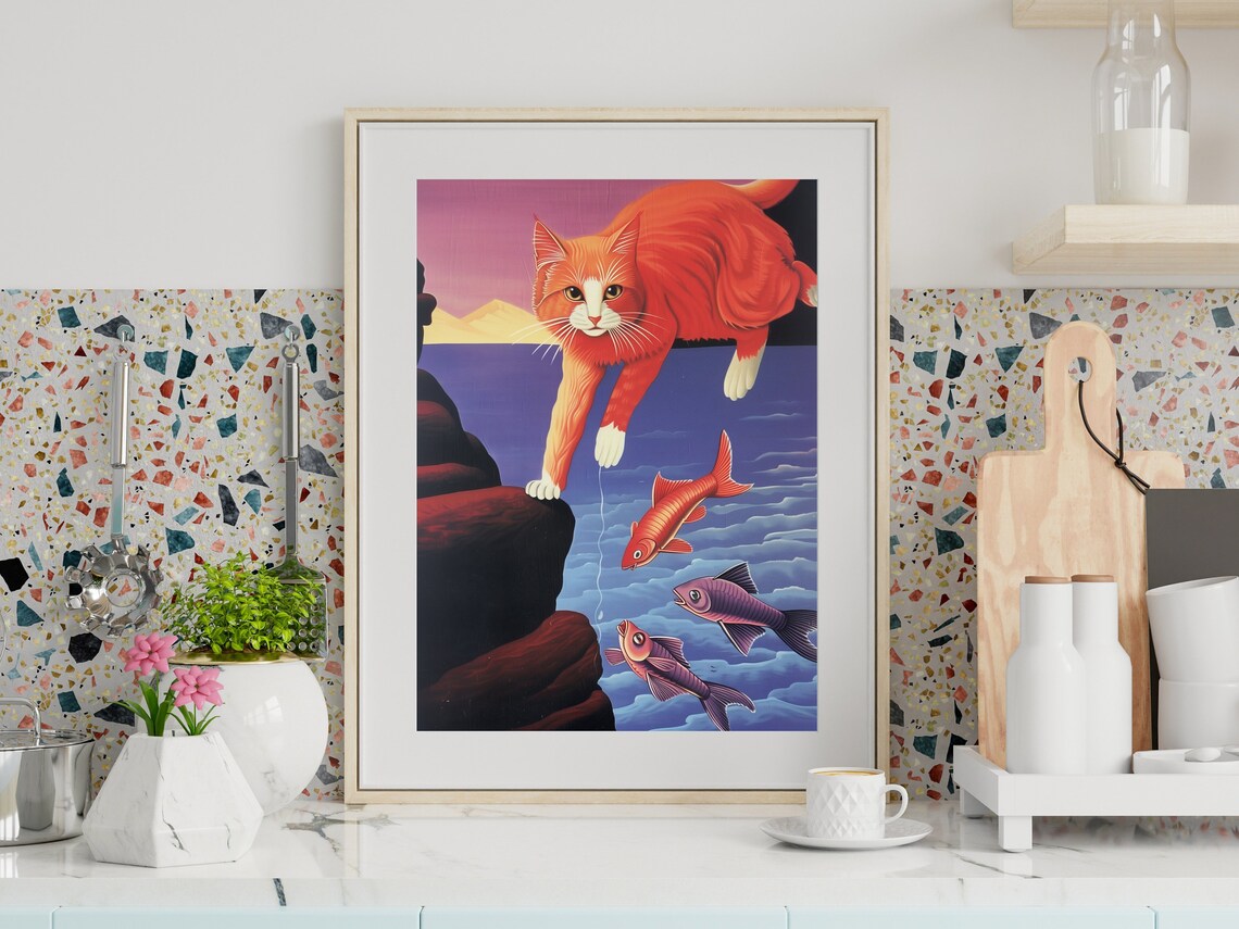 Orange Cat Fishing Poster Playful Ginger Cat Rocks Colorful Fish Art - Image 3