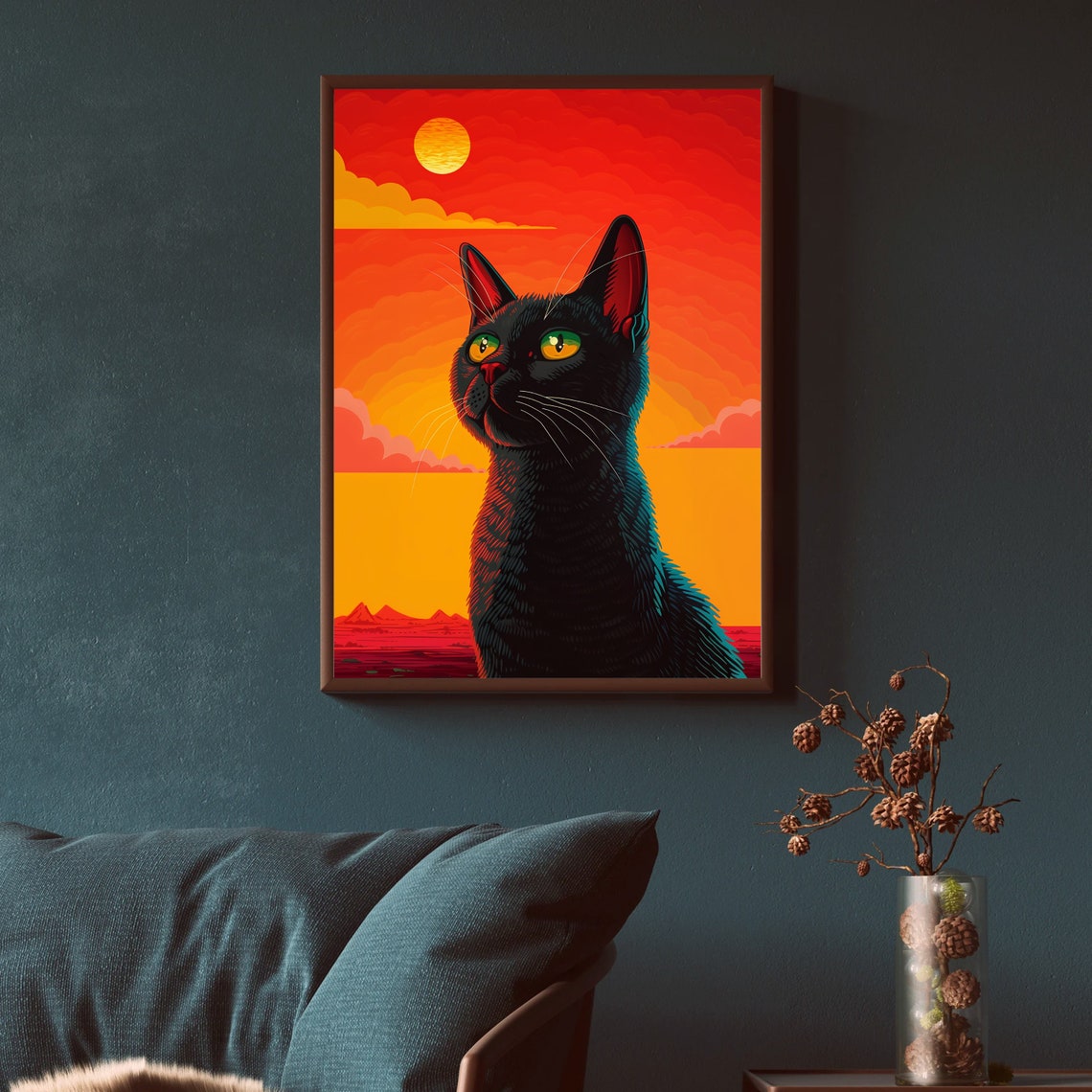 Bold Black Cat Fiery Sunset Pop Art Colorful Portrait Poster - Image 3