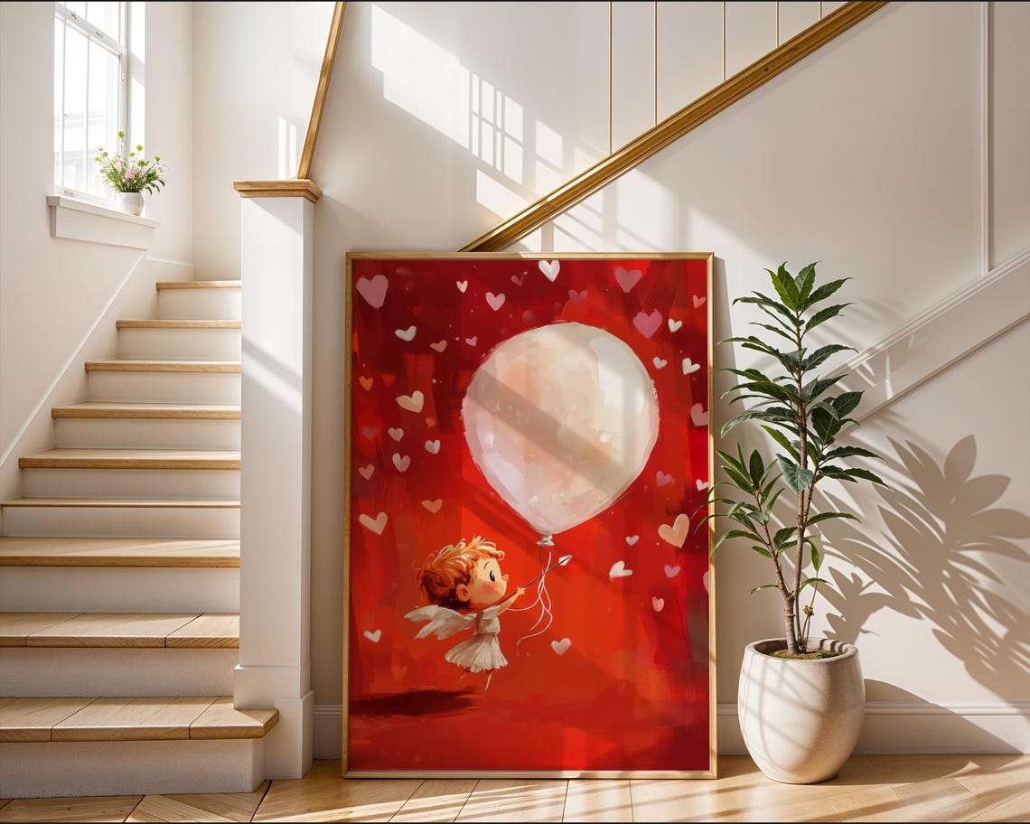 Flying Cherub with White Balloon Red Hearts Valentine Angel Poster - Image 2