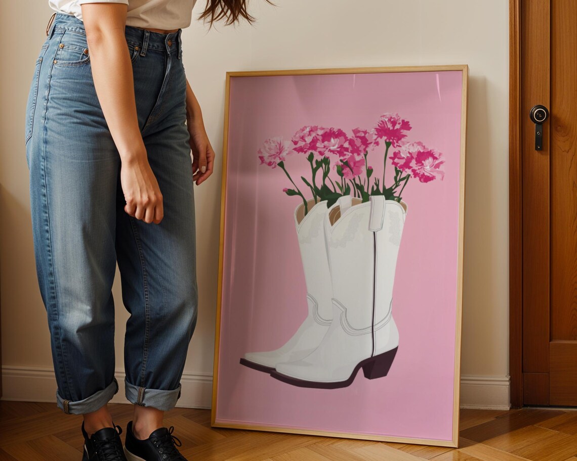 White Cowboy Boots with Pink Carnations Western Floral Art Poster - Image 3