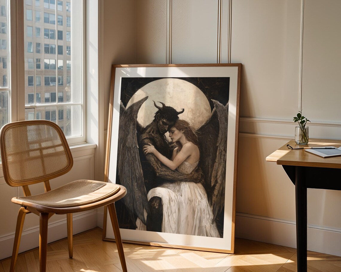 Dark Angel and Maiden Embrace Under Full Moon Gothic Fantasy Poster - Image 2
