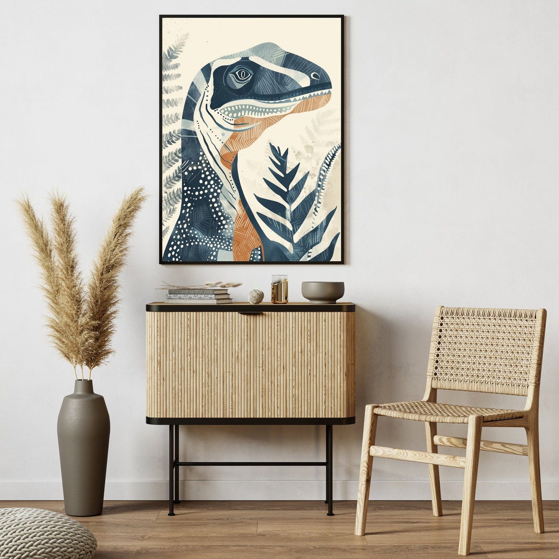 Friendly Blue Stylized Dinosaur Head with Ferns Nursery Poster - Image 3
