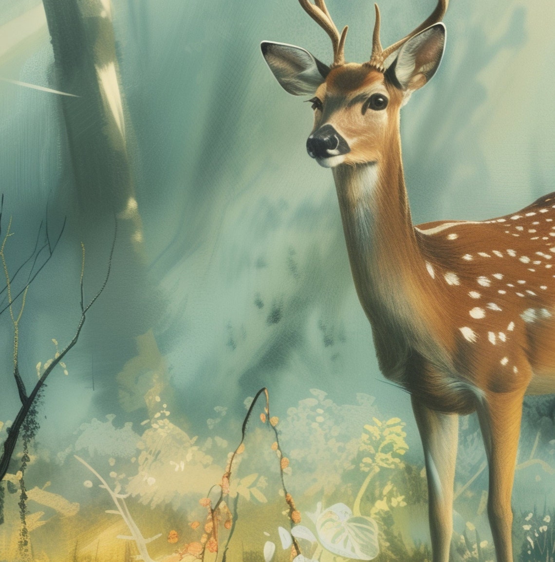 Watercolor Deer Wall Art Oil Painting Serene Deer Poster Nature Oil Painting Forest And Deer Oil Painting Woodland Deer Oil Painting - Image 3