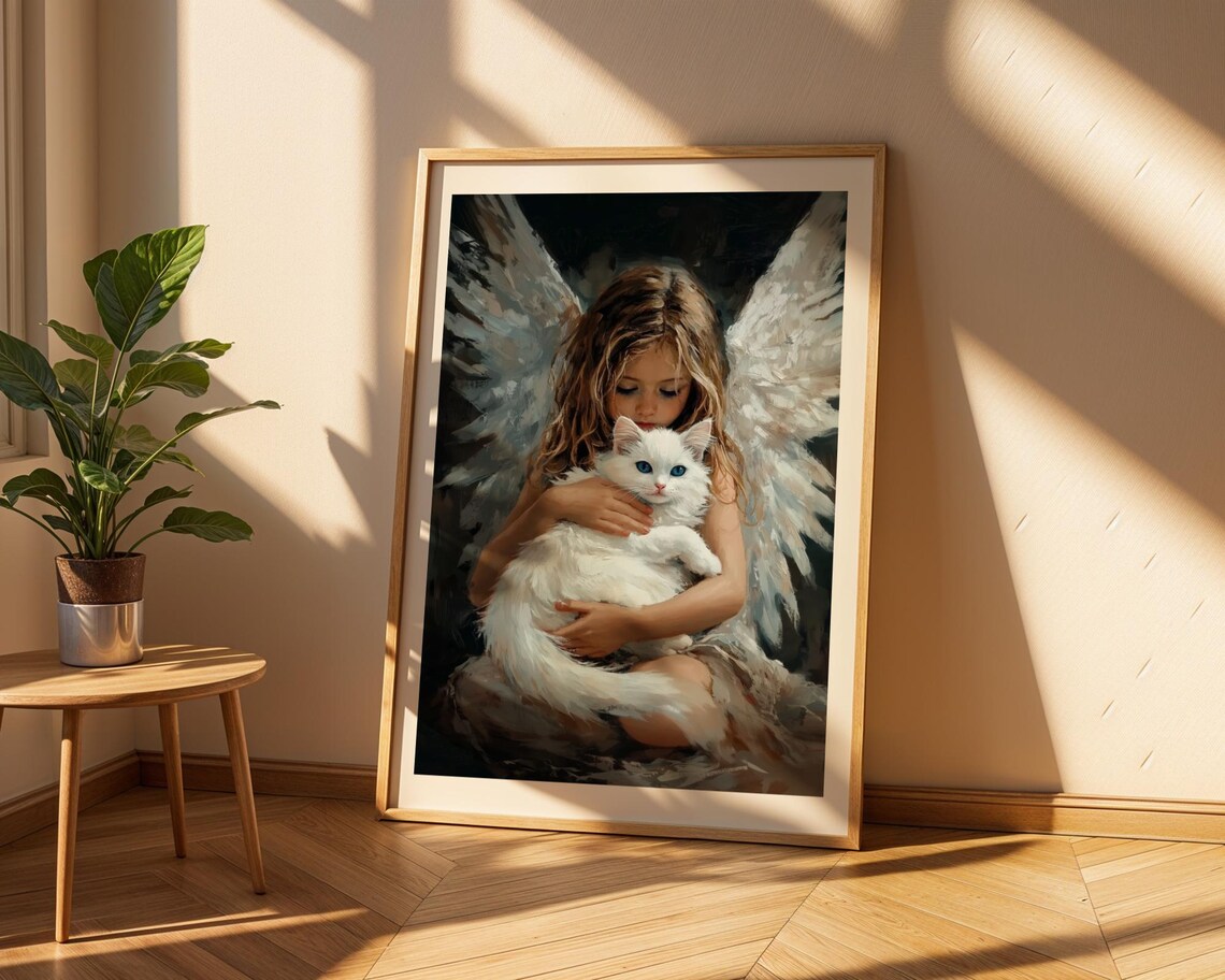 Sweet Angel Girl Cradling A Fluffy White Cat Painting Poster - Image 2