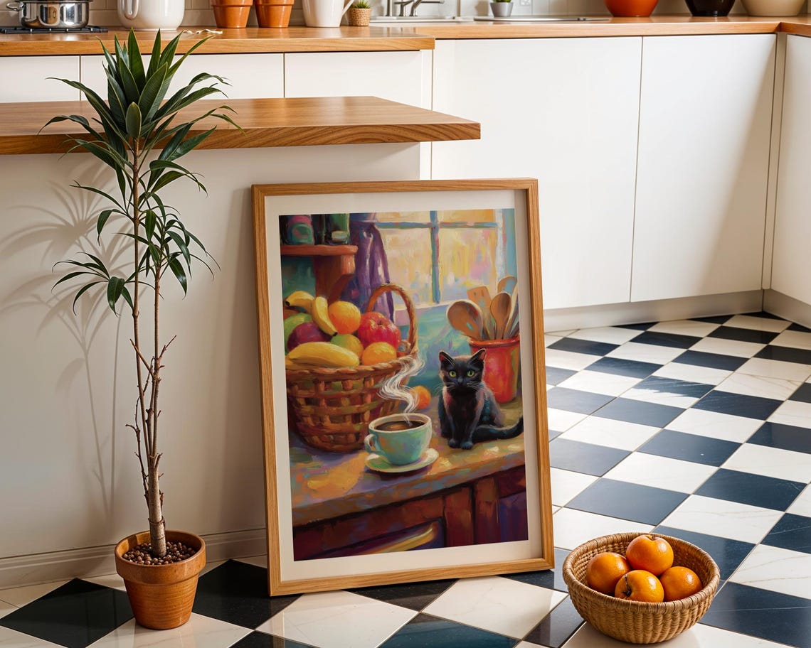 Black Cat Coffee Cup Poster Cozy Kitchen Fruit Basket Morning Painting - Image 2