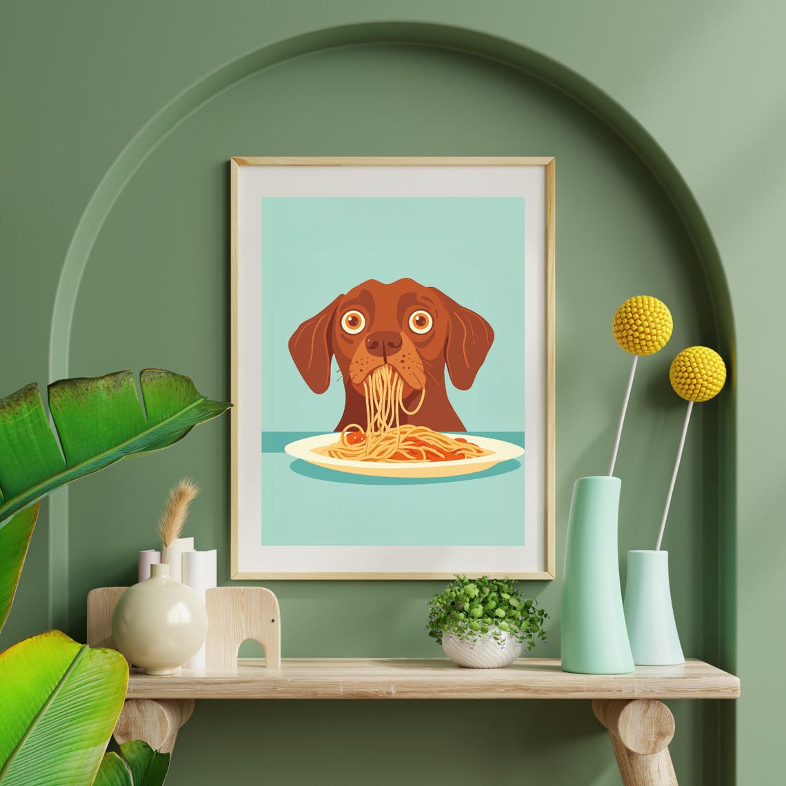 Adorable Brown Dog Slurping Spaghetti Dinner Retro Kitchen Poster - Image 2