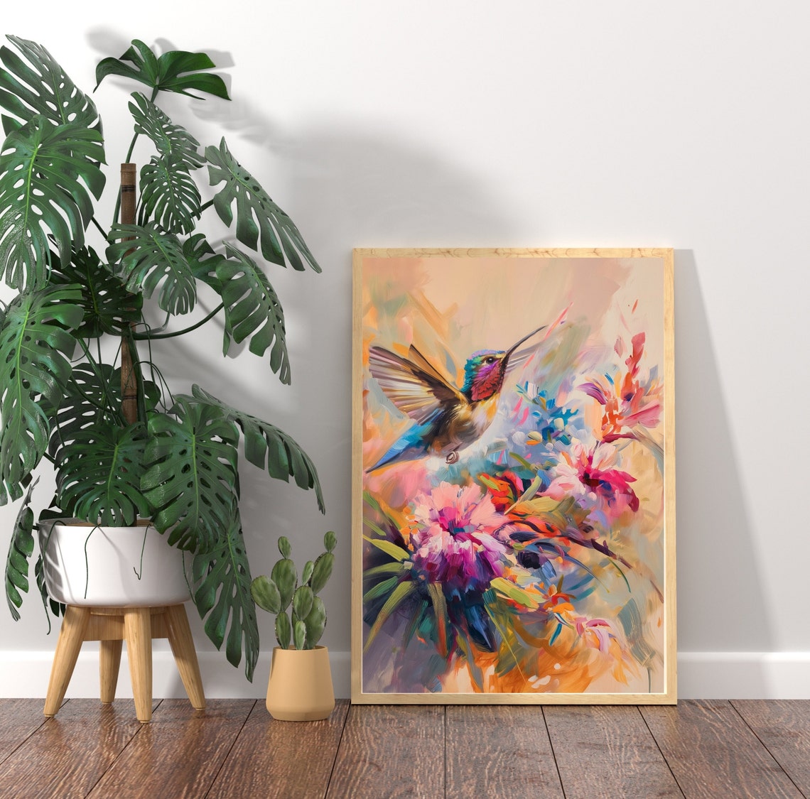 Colorful Hummingbird Poster Oil Painting Hummingbird Wall Art Vibrant Hummingbird And Flowers Colorful Bird Art Bird Poster - Image 2