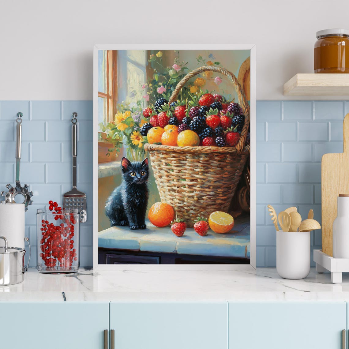 Black Kitten Fruit Basket Poster Summer Berries Sunny Window Painting - Image 2