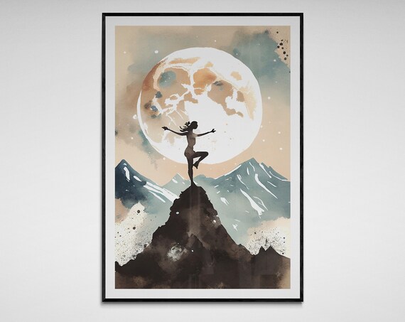 Moonlit Yoga Silhouette Tree Pose Mountain Watercolor Art Poster