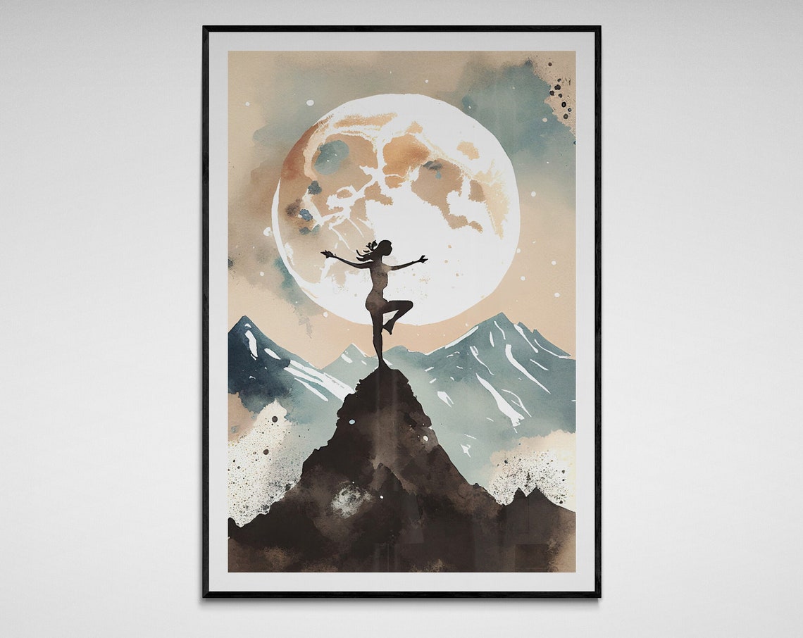 Moonlit Yoga Silhouette Tree Pose Mountain Watercolor Art Poster