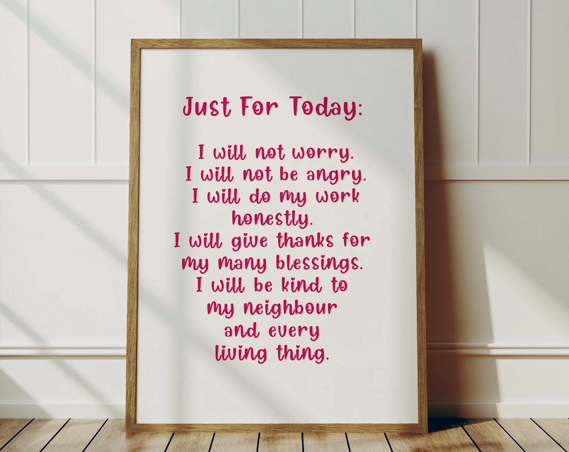Just For Today I Will Not Worry Kind Pink Script Affirmation Poster