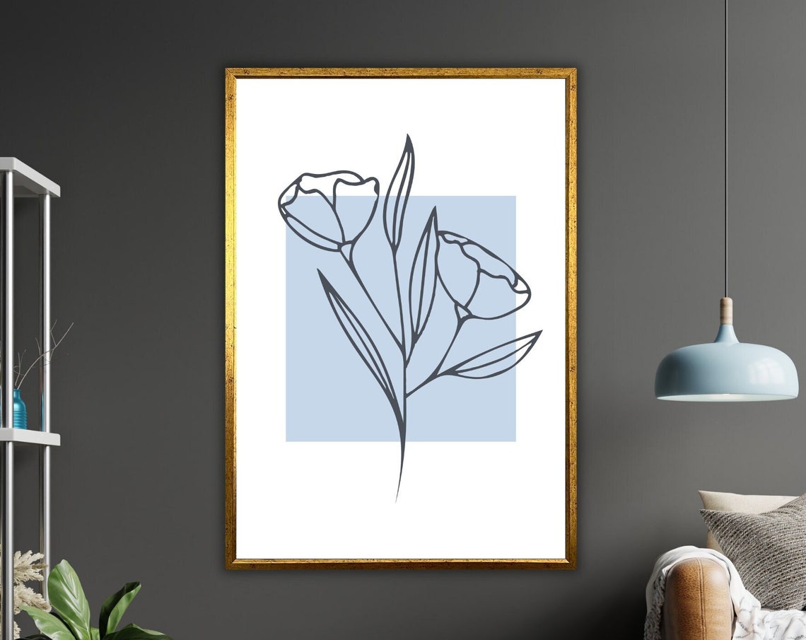 Minimalist Blue Tulips Line Art Floral Botanical Wall Art Poster
