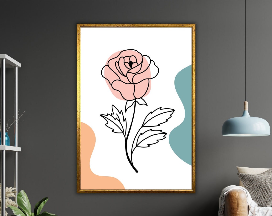 Minimalist Pink Rose Line Art Floral Modern Wall Decor Poster