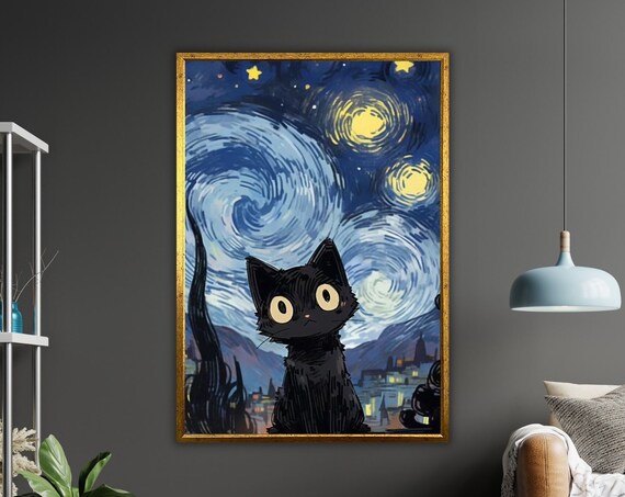 Black Cat Starry Night Van Gogh Inspired Swirling Sky Whimsical Kitty Poster