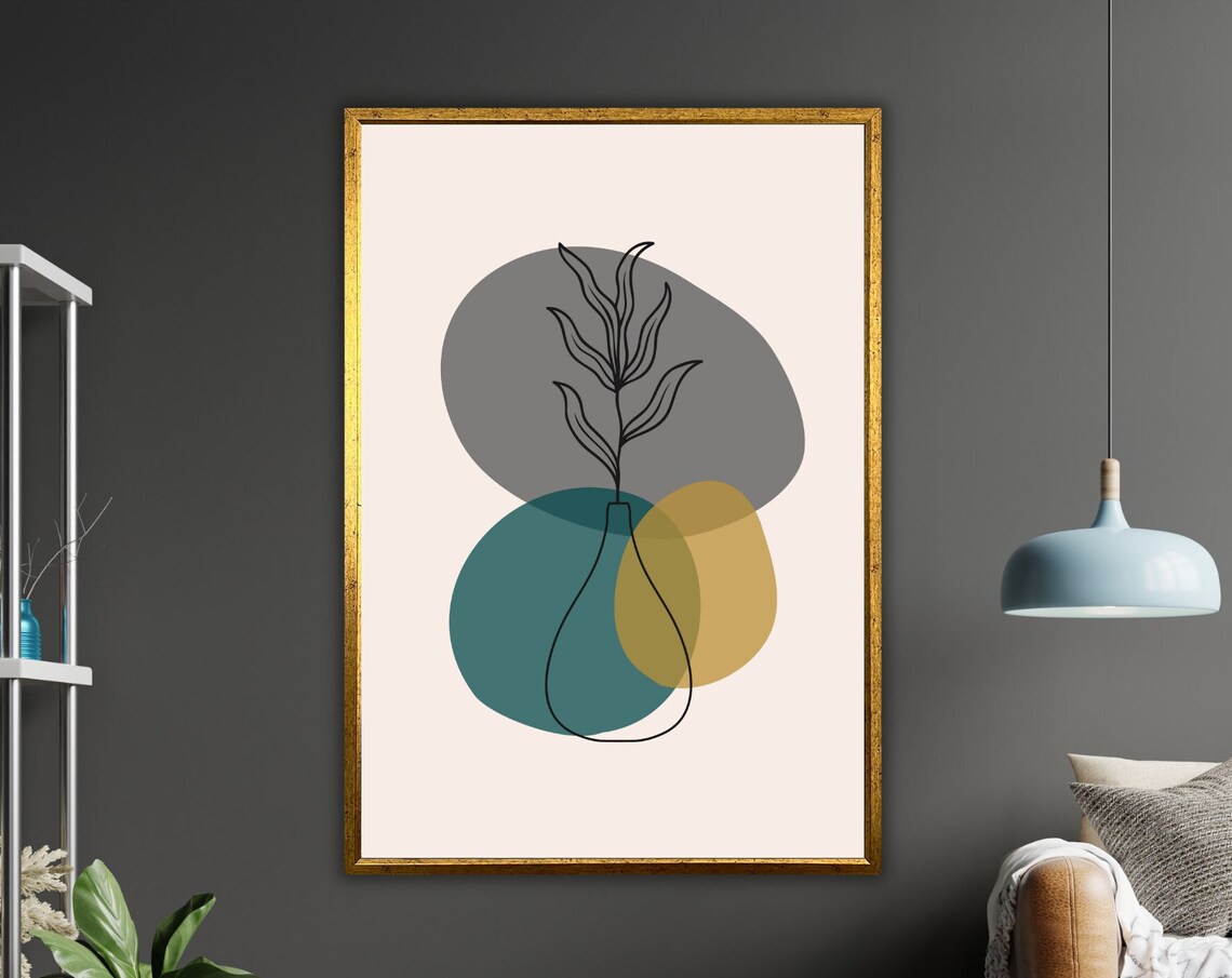 Botanical Vase Line Art Teal Gold Circles Modern Decor Poster