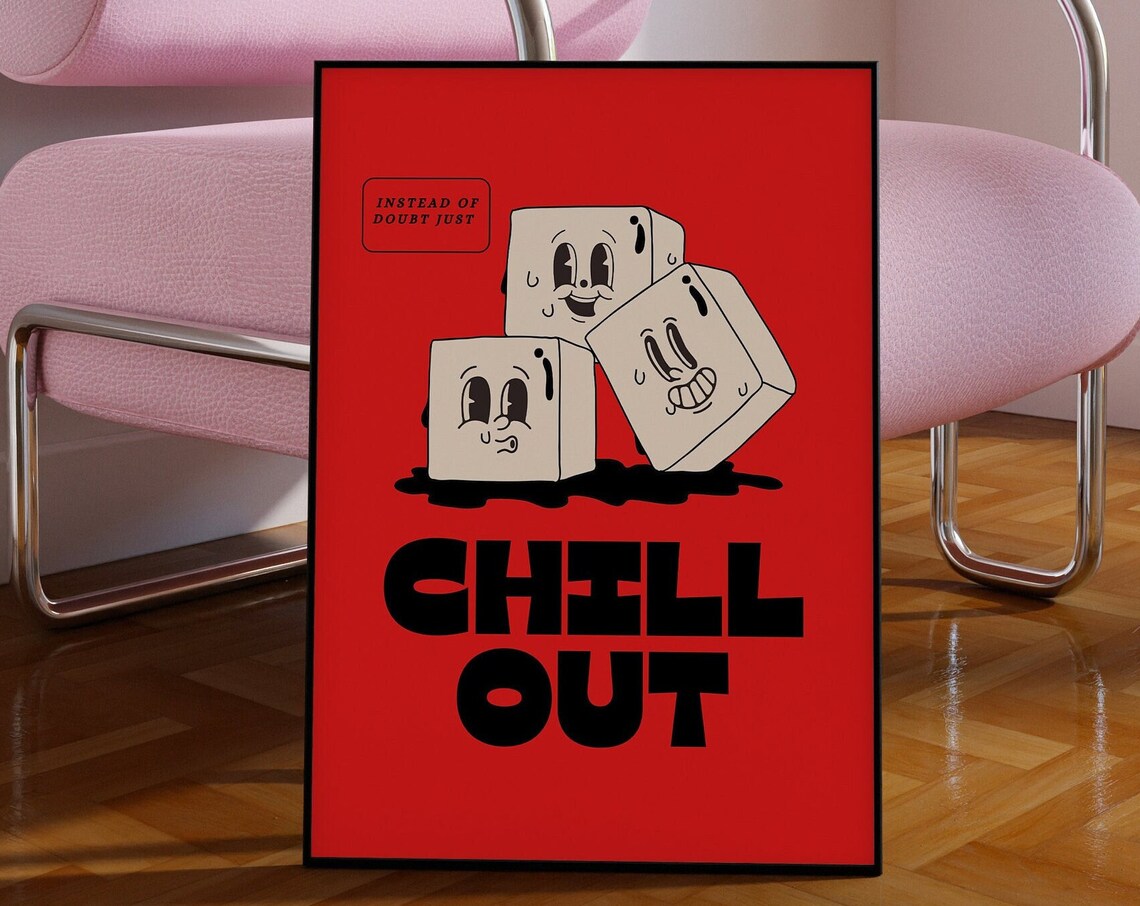 Chill Out Retro Melting Ice Cube Cartoon Funny Bar Wall Poster