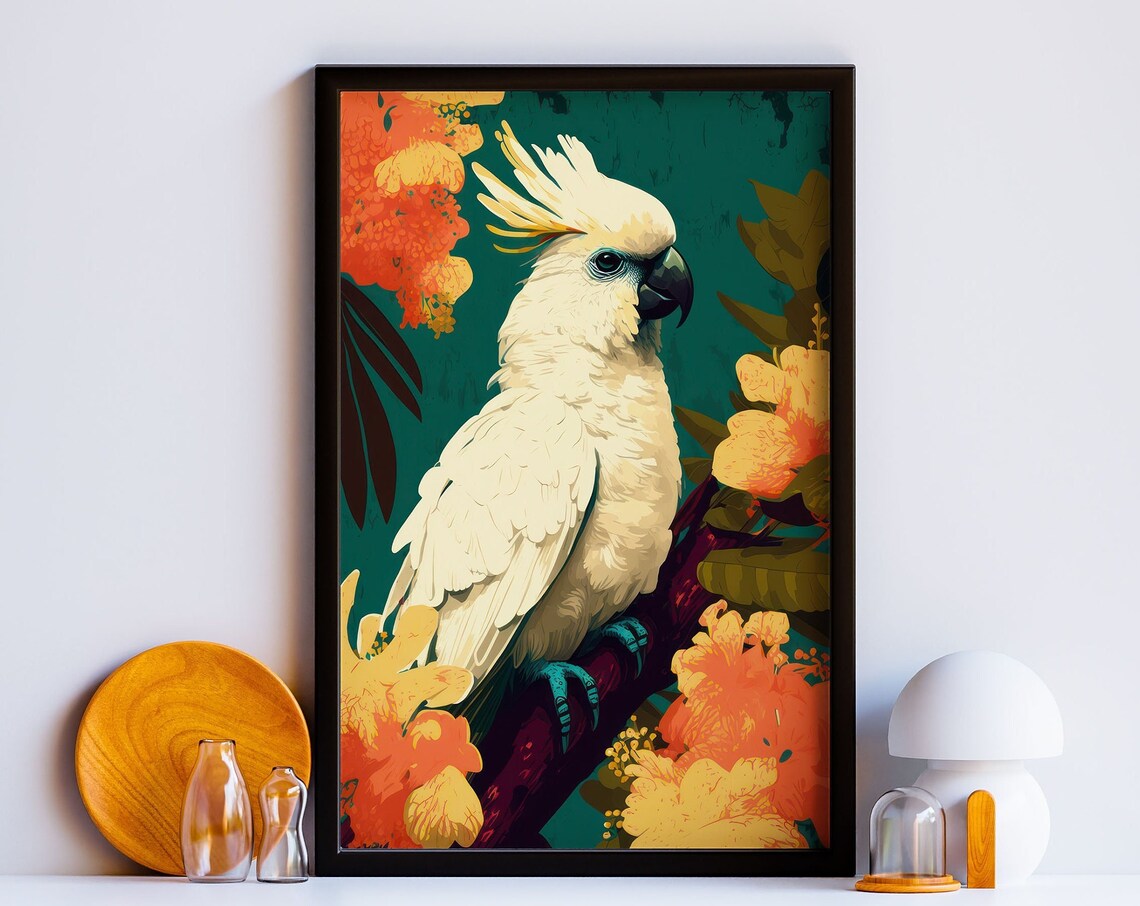 Tropical Cockatoo Boho Art Print, Floral Decor