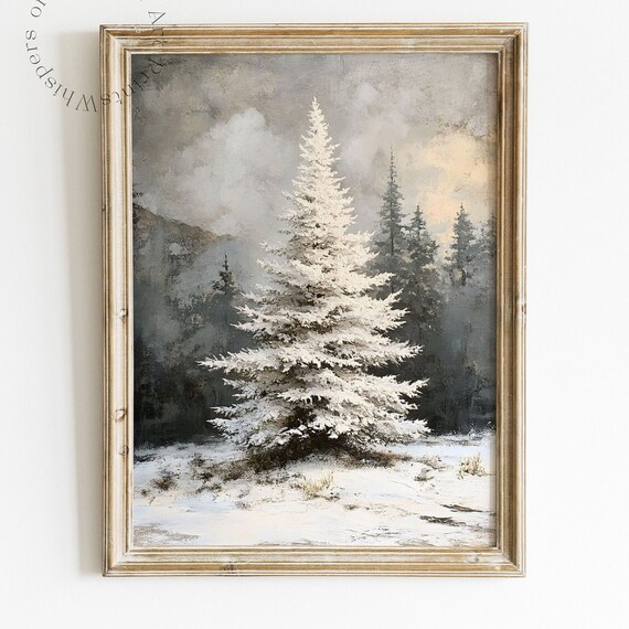 White Pine Tree Vintage Christmas Poster, Snowy Landscape