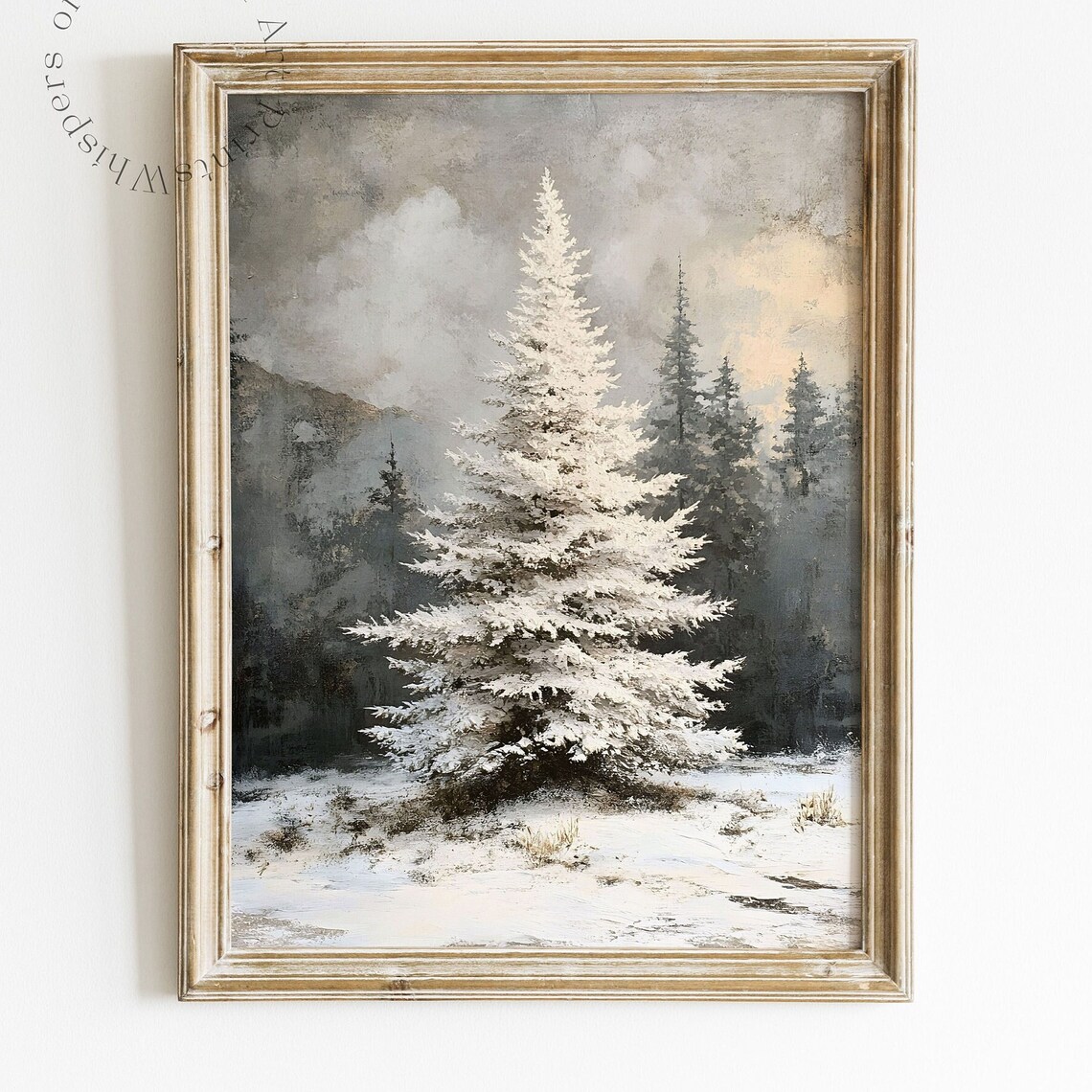 White Pine Tree Vintage Christmas Poster, Snowy Landscape