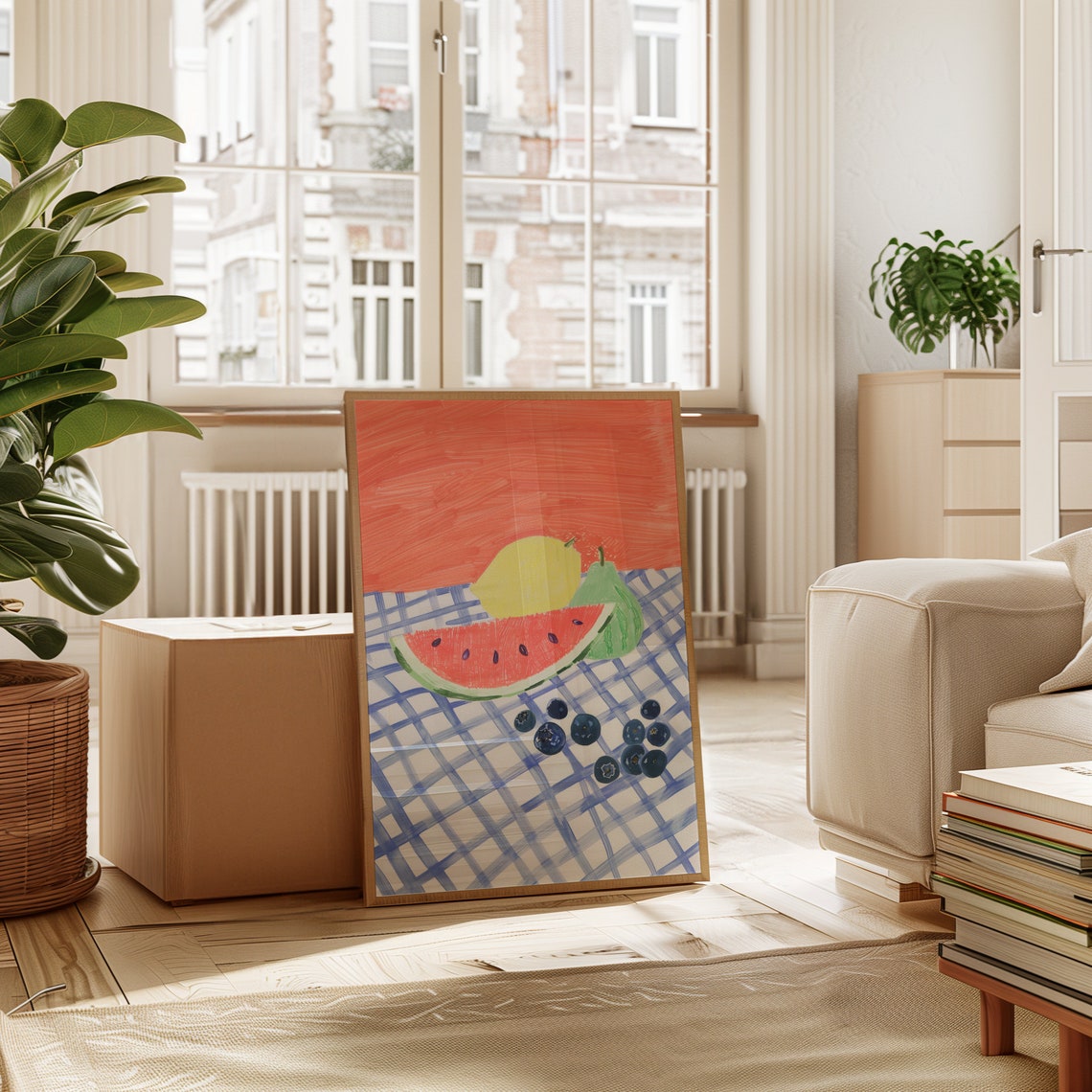 Watermelon Lemon Blueberry Still Life Checkered Cloth Art Poster - Image 4