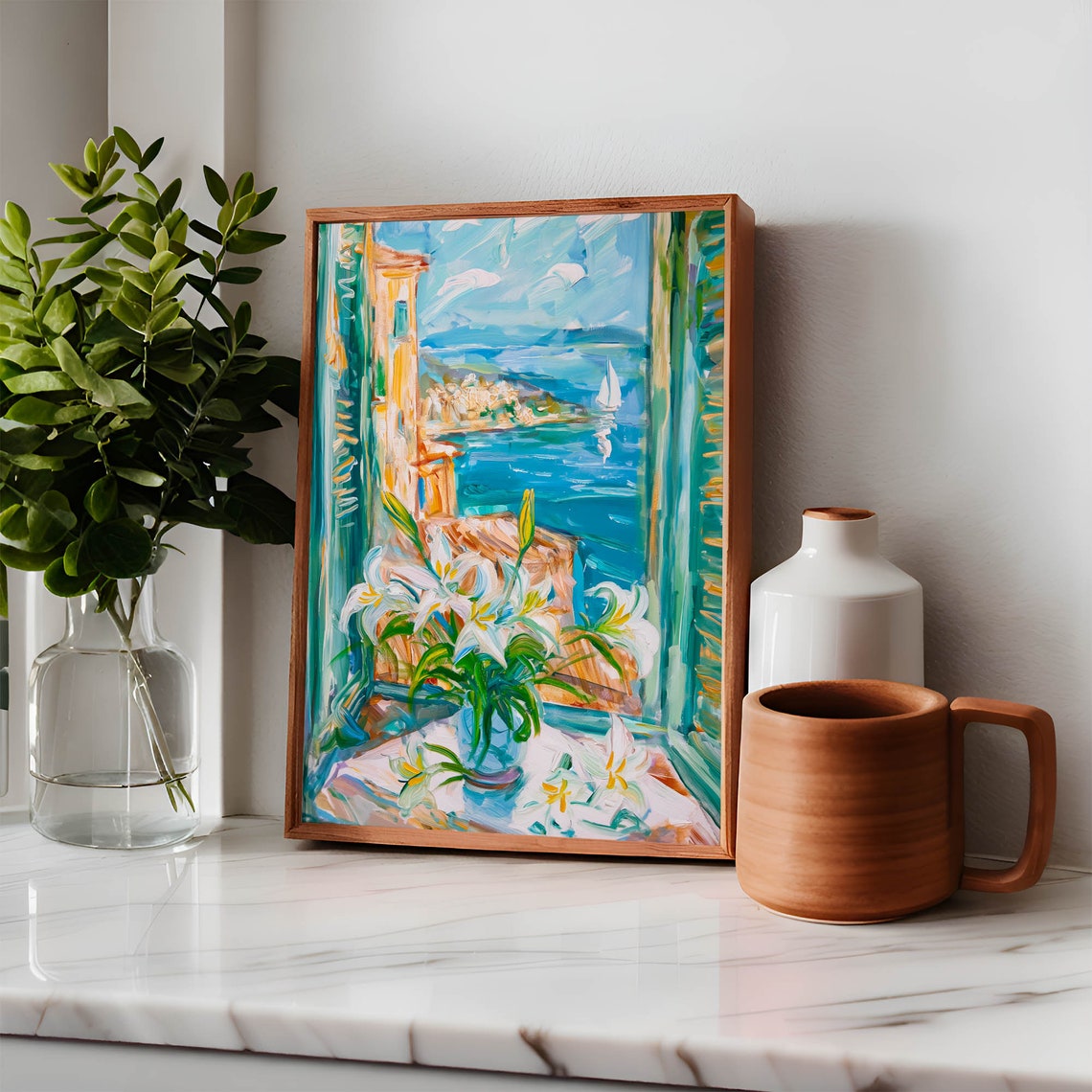 Henri Matisse Style White Lilies Vase Seaside Window View Poster - Image 2