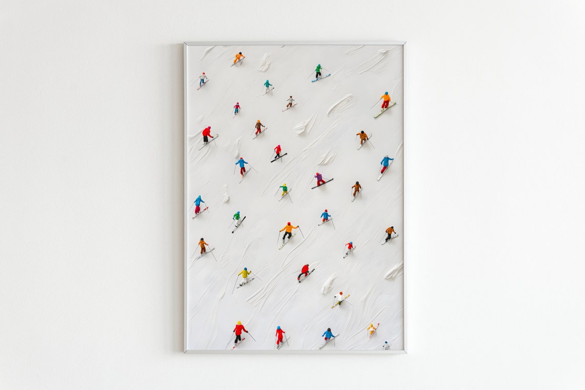 Tiny Colorful Skiers Minimalist Winter Sports Snow Scene Poster - Image 3