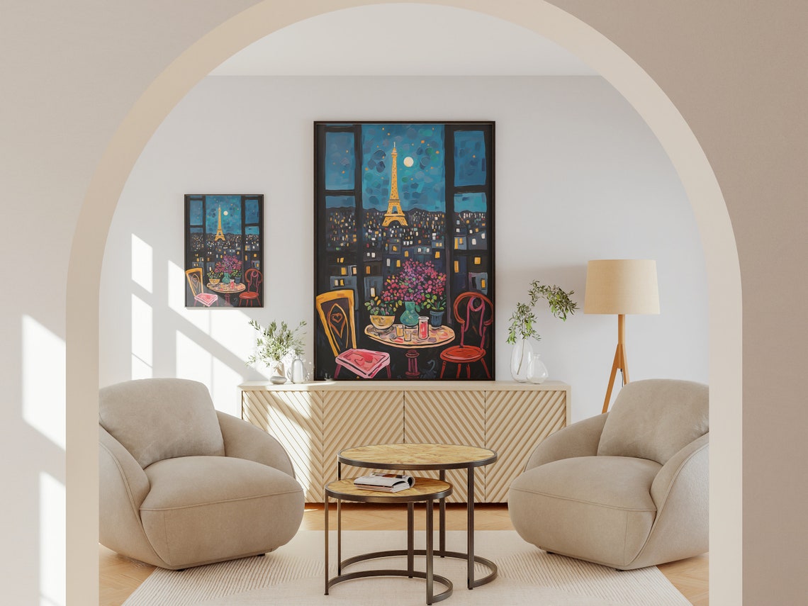 Paris Night Window View Eiffel Tower Fauvist Cafe Scene Poster - Image 2