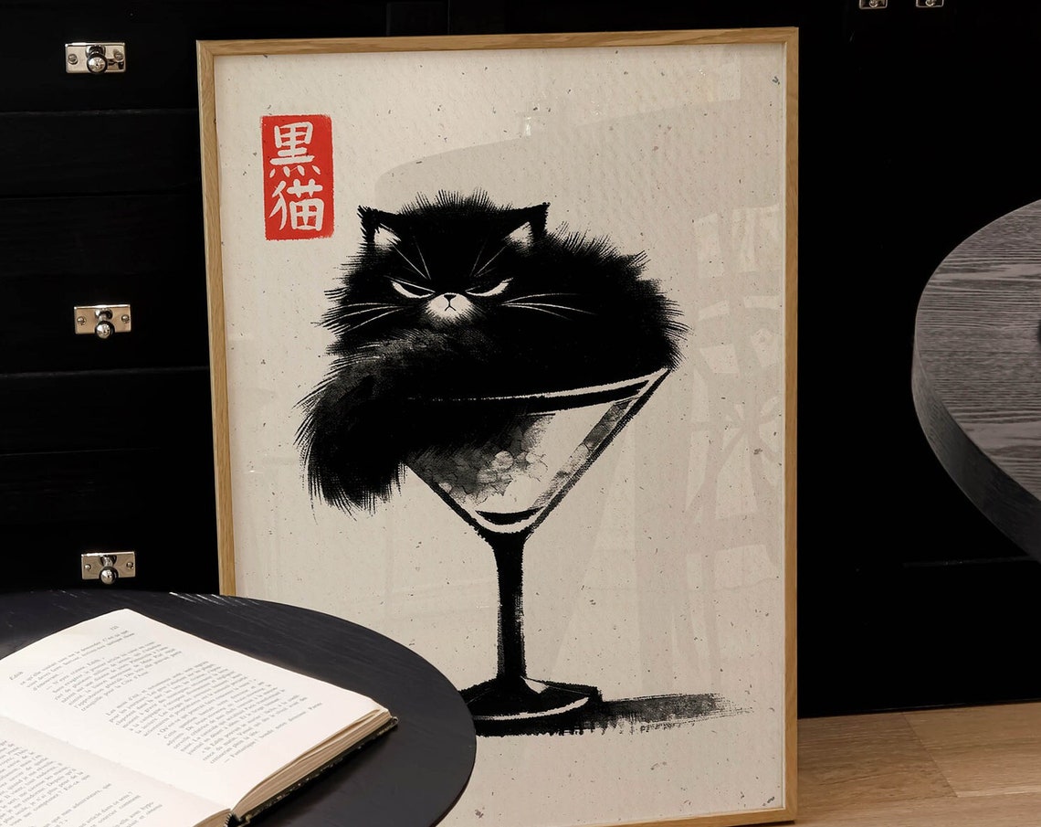 Black Cat Loaf In Martini Glass Japanese Funny Cat Art Poster