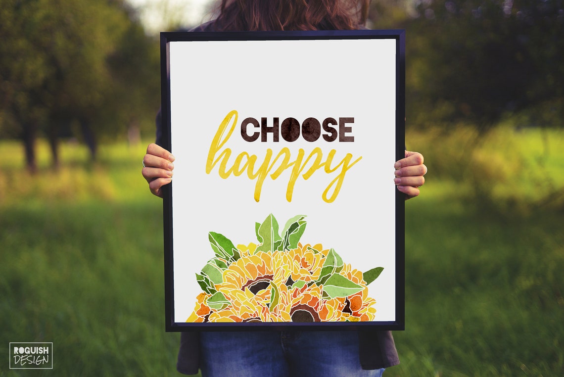 Choose Happy Quote Watercolor Sunflower Yellow Floral Poster