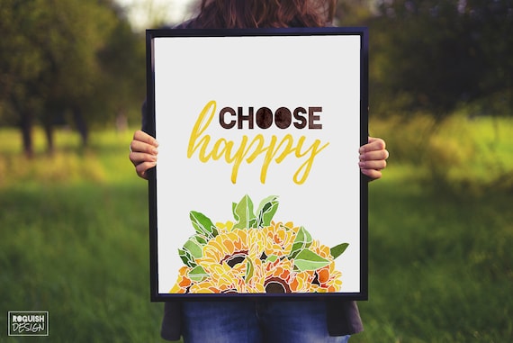 Choose Happy Quote Watercolor Sunflower Yellow Floral Poster