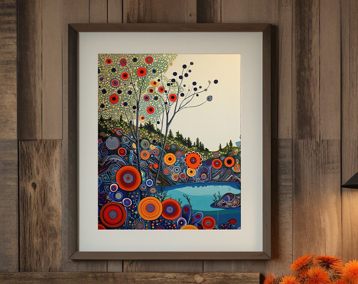 Whimsical Dotted Tree Pond Floral Colorful Landscape Scene Poster