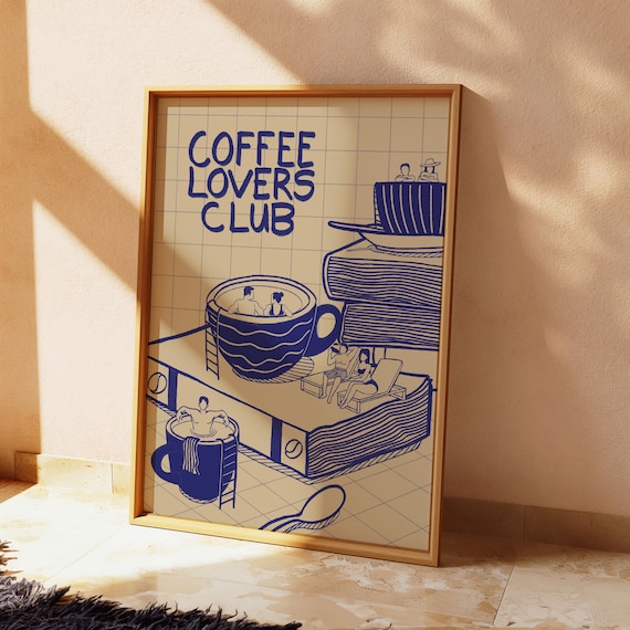 Retro Coffee Lover Club Printable Poster Art Minimalist Digital Wall Decor Home Kitchen Whimsical Swimming Pool Print Downloadable