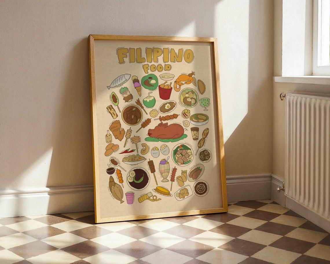 Filipino Food Illustrated Collage Lechon Halo Halo Kitchen Wall Poster