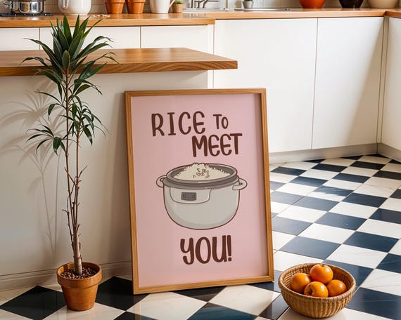 Funny Kitchen Decor Satin Posters Cute Wall Art For Foodies Gift Chefs Humor Print Rice To Meet You