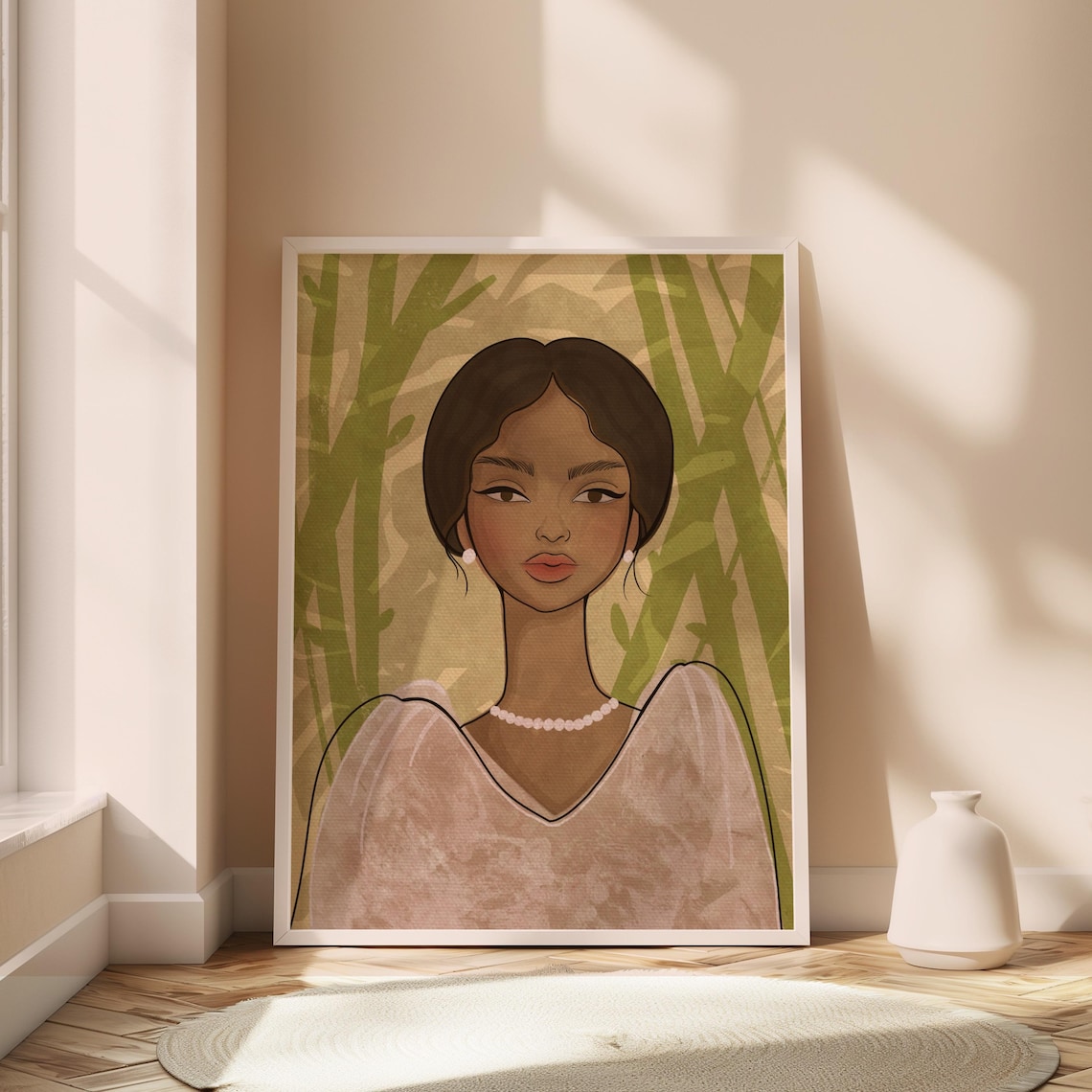 Elegant Filipina in Filipiniana Dress with Pearls Bamboo Art Poster