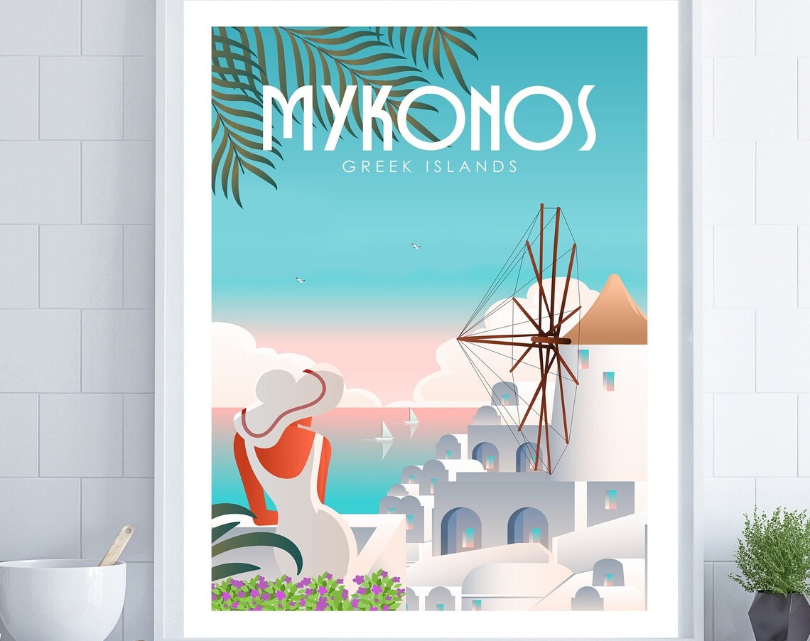 Mykonos Retro Travel Poster, Greek Wall Art